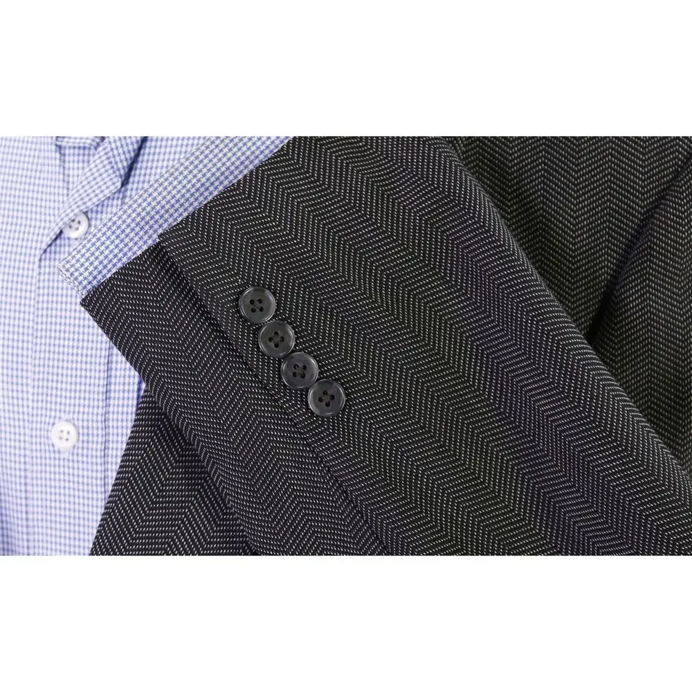 Matte Maas Black Herringbone Peak Lapel Wool 2-Btn Sportcoat Blazer 46L